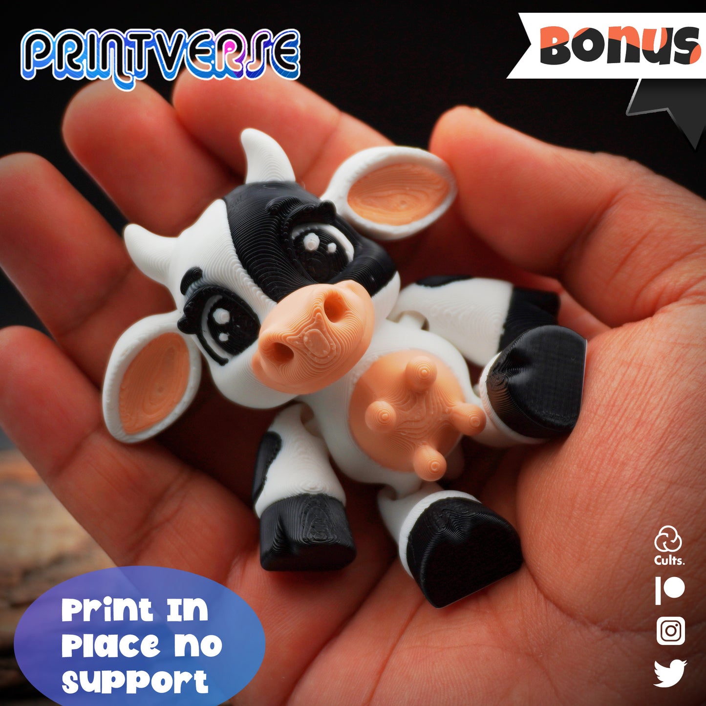 Printverse Articulated Cow – Print‑in‑Place No‑Support Model